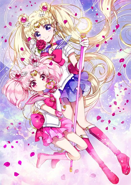 Anime picture 800x1130 with bishoujo senshi sailor moon toei animation tsukino usagi sailor moon sailor chibi moon naki ringo long hair tall image looking at viewer blonde hair smile standing twintails purple eyes multiple girls holding pink hair sky cloud (clouds) very long hair