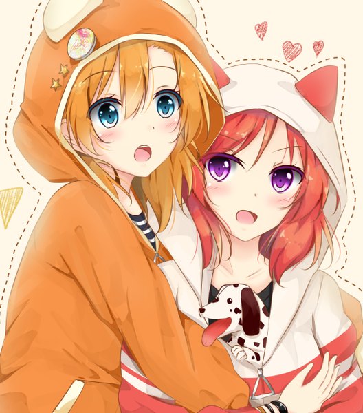 Anime picture 1100x1250 with love live! school idol project sunrise (studio) love live! nishikino maki kousaka honoka kurottari tall image blush fringe short hair open mouth blue eyes blonde hair simple background purple eyes multiple girls animal ears red hair long sleeves orange hair