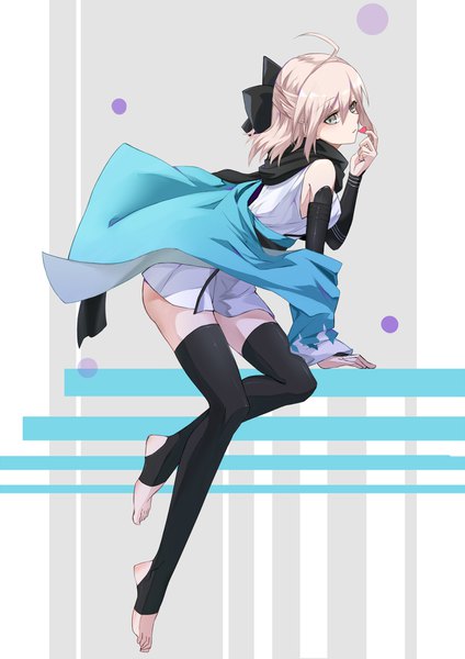 Anime picture 1240x1753 with fate (series) fate/grand order koha-ace okita souji (fate) (all) okita souji (koha-ace) leris muma single tall image looking at viewer blush fringe short hair light erotic hair between eyes silver hair full body ahoge traditional clothes japanese clothes barefoot