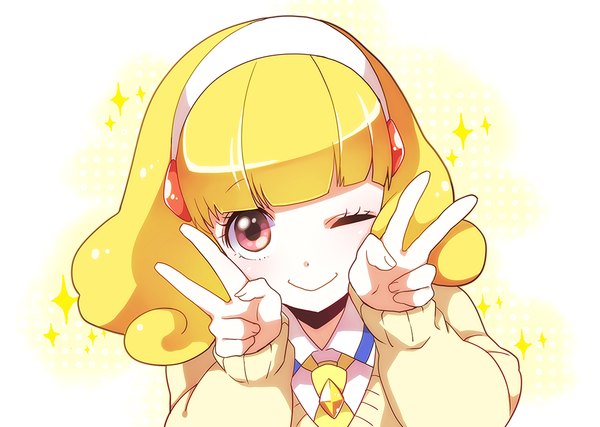 Anime picture 1000x712 with precure smile precure! toei animation kise yayoi yamako (state of children) single looking at viewer blush fringe short hair blonde hair smile one eye closed pink eyes wink victory girl necktie hairband