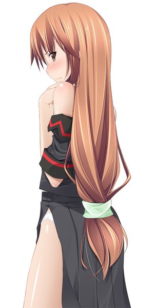 Anime picture 600x1181 with ookami-san to shichinin no nakama-tachi j.c. staff ookami ryouko kazumu (artist) single long hair tall image looking at viewer blush fringe light erotic brown hair white background brown eyes pleated skirt looking back embarrassed side slit girl skirt