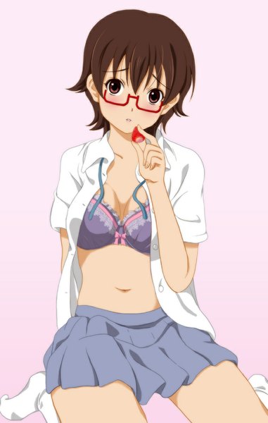 Anime picture 636x1000 with k-on! kyoto animation manabe nodoka shian (my lonly life.) single tall image looking at viewer blush short hair light erotic brown hair brown eyes open clothes open shirt girl skirt navel shirt socks glasses