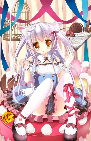 Anime picture 1000x1540 with original yuziki hina single long hair tall image looking at viewer blush bare shoulders animal ears yellow eyes white hair cat ears cat girl girl thighhighs dress bow ribbon (ribbons) hair bow white thighhighs