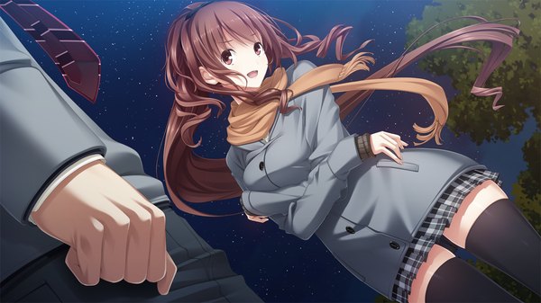 Anime picture 1280x720 with kiss bell giga kajiya ayano long hair open mouth red eyes brown hair wide image game cg ponytail night zettai ryouiki girl thighhighs skirt uniform black thighhighs school uniform miniskirt jacket