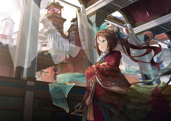 Anime picture 3508x2480 with original miya-ki (miya key) single long hair highres hair between eyes brown hair green eyes looking away absurdres ponytail traditional clothes japanese clothes light smile wind wide sleeves architecture east asian architecture seigaiha girl
