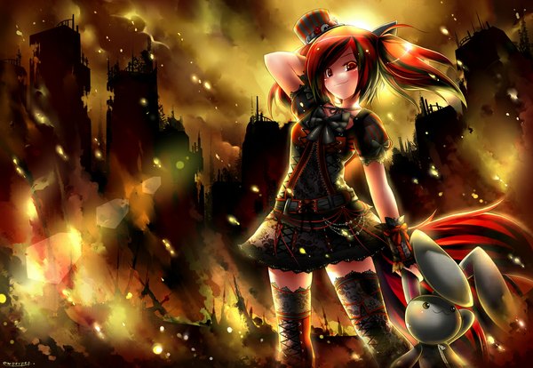 Anime picture 1184x818 with original emperpep single long hair blush smile twintails sky cloud (clouds) red hair sunlight orange eyes goth-loli ruins gothic girl thighhighs dress bow hair bow