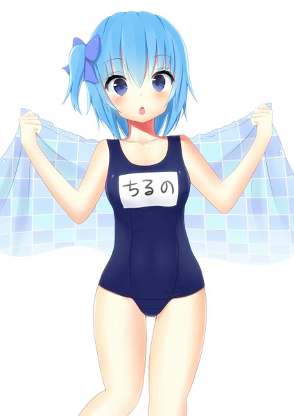 Anime picture 2000x2828 with touhou cirno morinaoekaki single tall image blush highres short hair blue eyes simple background white background blue hair surprised girl swimsuit one-piece swimsuit school swimsuit