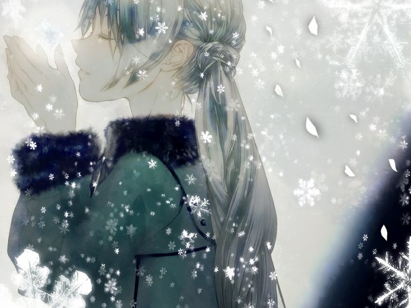 Anime picture 1024x768 with vocaloid hatsune miku ebisu kana single long hair eyes closed profile grey hair snowing winter girl petals snowflake (snowflakes)