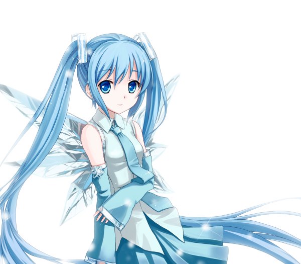 Anime picture 1200x1050 with vocaloid hatsune miku tucana single looking at viewer blue eyes simple background white background twintails bare shoulders blue hair very long hair girl skirt detached sleeves wings necktie