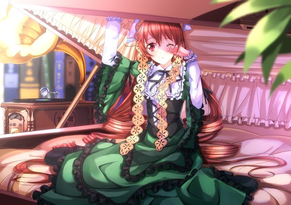 Anime picture 1680x1187 with rozen maiden suiseiseki swordsouls single looking at viewer red eyes brown hair very long hair one eye closed wink loli drill hair lolita fashion girl dress frills bonnet phonograph