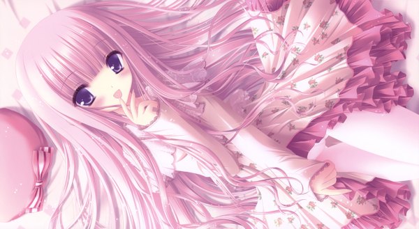 Anime picture 2910x1600 with ro-kyu-bu! project no.9 hakamada hinata tinker bell long hair blush highres open mouth wide image purple eyes pink hair loli finger to mouth girl dress