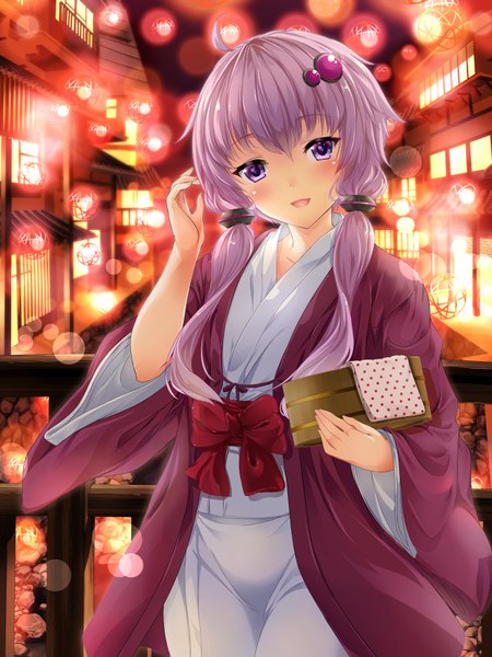 Anime picture 600x800 with vocaloid voiceroid yuzuki yukari bug (artist) single long hair tall image looking at viewer blush open mouth purple eyes purple hair traditional clothes japanese clothes girl hair ornament bow kimono
