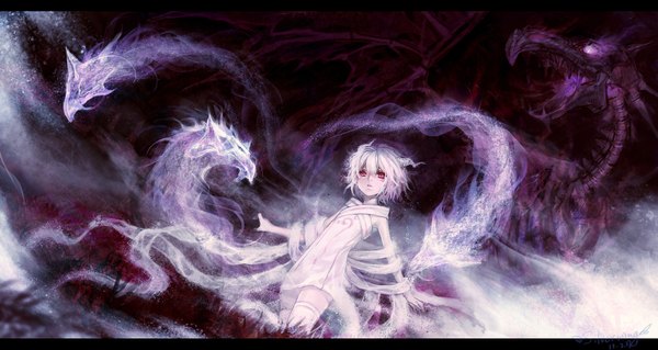 Anime picture 1701x907 with original pixiv fantasia pixiv fantasia v silverwing single highres short hair wide image white hair pink eyes horn (horns) letterboxed ghost girl dragon