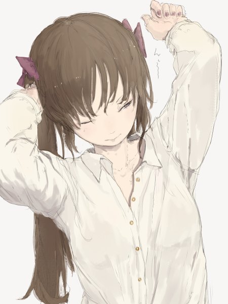 Anime picture 901x1200 with touhou himekaidou hatate yushika single long hair tall image fringe simple background brown hair twintails purple eyes looking away upper body nail polish arm up grey background open collar sleepy girl bow