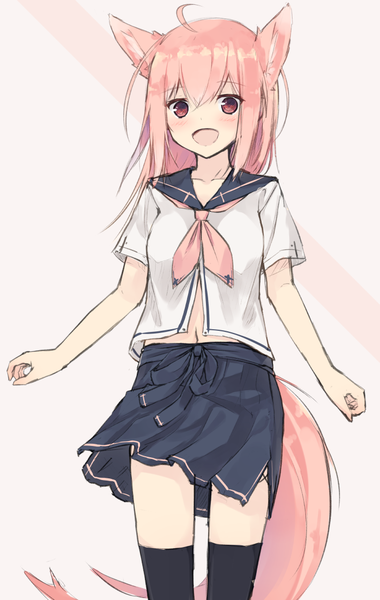 Anime picture 703x1110 with original nagishiro mito single long hair tall image blush fringe open mouth simple background hair between eyes standing animal ears pink hair ahoge tail :d animal tail pink eyes wind fox ears