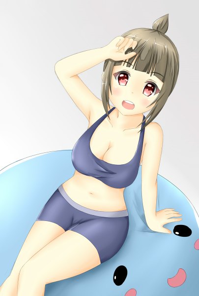 Anime picture 810x1200 with futsuu no joshikousei ga locodol yattemita mikoze yui tear yu single tall image looking at viewer fringe short hair breasts open mouth light erotic simple background smile red eyes large breasts grey hair grey background girl