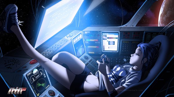Anime picture 1920x1080 with original vashperado single long hair highres wide image blue hair legs space science fiction girl navel shorts star (stars) sneakers planet monitor computer playstation
