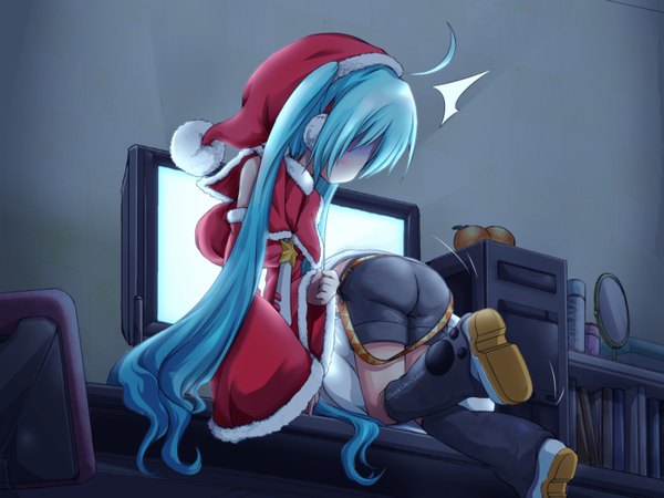 Anime picture 1333x1000 with vocaloid hatsune miku kagamine rin akino coto long hair blush twintails multiple girls aqua hair fur trim christmas girl 2 girls hat detached sleeves shorts boots fur santa claus hat santa claus costume