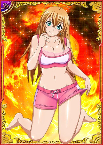 Anime picture 567x800 with ikkitousen sonsaku hakufu single long hair tall image looking at viewer blush fringe breasts light erotic blonde hair smile hair between eyes large breasts payot cleavage ahoge head tilt sparkle midriff