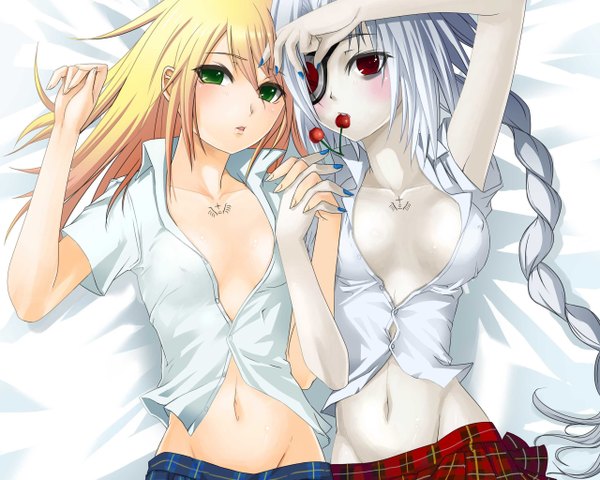 Anime picture 2560x2048 with blazblue noel vermillion nu-13 long hair looking at viewer blush highres breasts light erotic blonde hair red eyes multiple girls green eyes silver hair lying braid (braids) nail polish open clothes tattoo open shirt