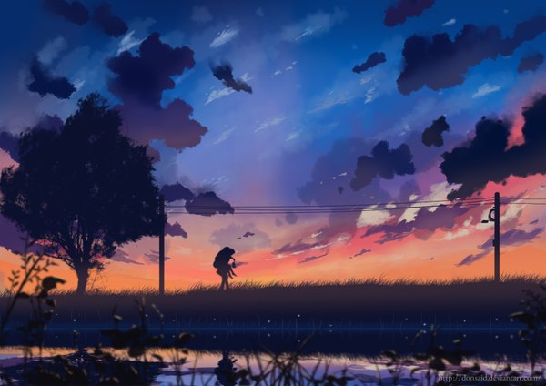 Anime picture 3508x2480 with original donsaid (dias mardianto) highres standing sitting absurdres cloud (clouds) bent knee (knees) sunlight night arm support no shoes night sky evening reflection sunset sitting on person girl boy plant (plants)