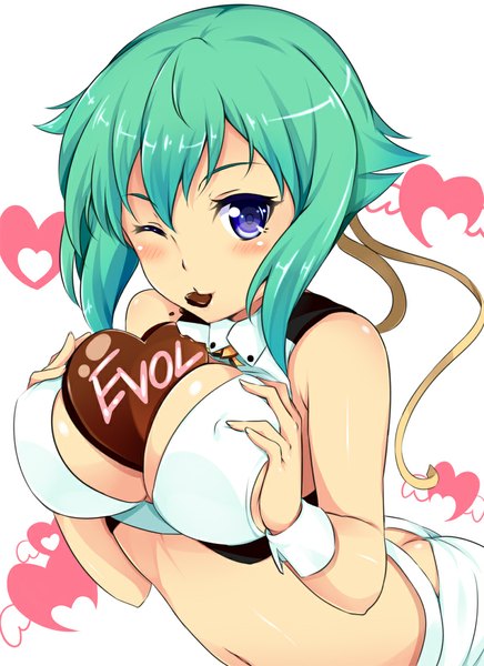 Anime picture 800x1100 with aquarion (series) aquarion evol satelight zessica wong hinata sora single tall image looking at viewer blush short hair breasts blue eyes light erotic large breasts one eye closed green hair wink valentine girl food