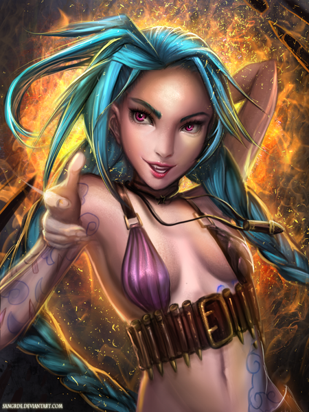 Anime picture 1350x1800 with league of legends jinx (league of legends) sangrde single long hair tall image light erotic blue hair looking away braid (braids) pink eyes tattoo girl navel
