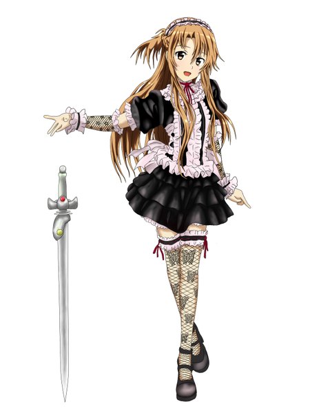 Anime picture 1200x1600 with sword art online a-1 pictures yuuki asuna single long hair tall image simple background brown hair white background brown eyes lolita fashion goth-loli girl thighhighs weapon sword headdress fishnet stockings