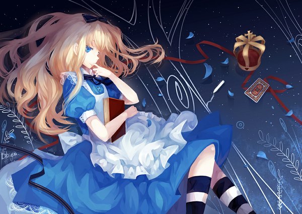 Anime picture 1049x744 with alice in wonderland alice (wonderland) dhiea long hair blue eyes blonde hair girl dress ribbon (ribbons) book (books) crown