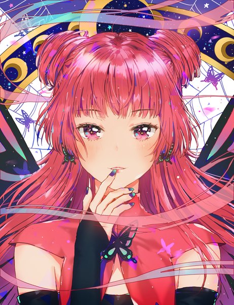Anime picture 800x1040 with card captor sakura clamp ruby moon dangmill single long hair tall image looking at viewer blush fringe payot pink hair nail polish parted lips pink eyes hair bun (hair buns) finger to mouth multicolored nail polish girl detached sleeves