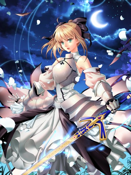 Anime picture 2194x2926 with fate (series) fate/stay night fate/unlimited codes artoria pendragon (all) saber saber lily soucl single tall image highres short hair open mouth blue eyes blonde hair sky cloud (clouds) night crescent girl dress