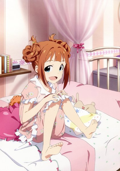 Anime picture 1280x1823 with idolmaster takatsuki yayoi single tall image short hair open mouth blue eyes barefoot scan orange hair girl pillow bed pajamas
