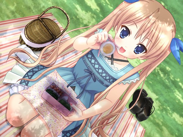 Anime picture 1024x768 with the device records it! (game) long hair open mouth blue eyes blonde hair twintails game cg loli girl dress food