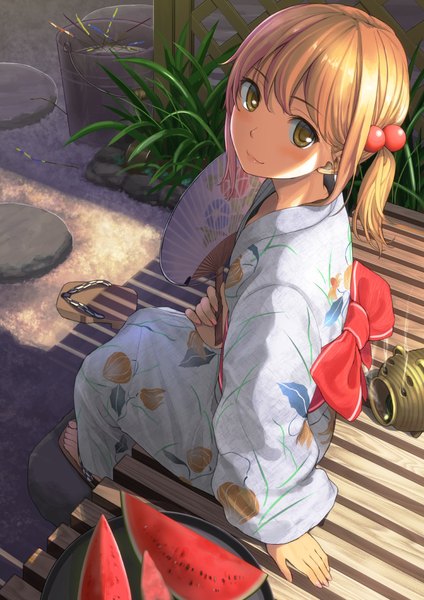 Anime picture 744x1052 with original yoropa single tall image looking at viewer short hair blonde hair sitting brown eyes traditional clothes japanese clothes summer girl flower (flowers) food hair tie fan berry (berries) yukata hair bobbles