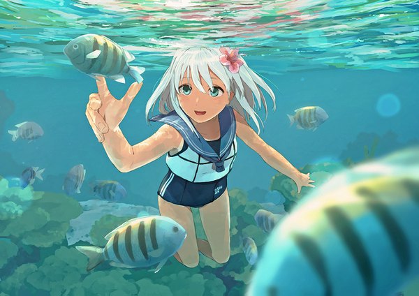 Anime picture 1300x919 with kantai collection ro-500 submarine youmak single short hair open mouth smile full body white hair hair flower aqua eyes floating hair reflection underwater outstretched hand sailor collar tan tan lines swimsuit under clothes swimming