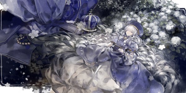 Anime picture 1400x700 with original susu (artist) single wide image silver hair lying eyes closed very long hair girl dress gloves flower (flowers) petals crown cap