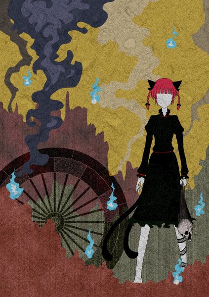 Anime picture 1748x2480 with touhou kaenbyou rin pathos9 tall image highres red hair tail braid (braids) animal tail cat tail twin braids smoke multiple tails no face girl skull wheel