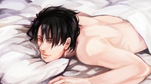 Anime picture 1100x613 with hane jou single short hair black hair wide image brown eyes lying on stomach boy earrings pillow blanket