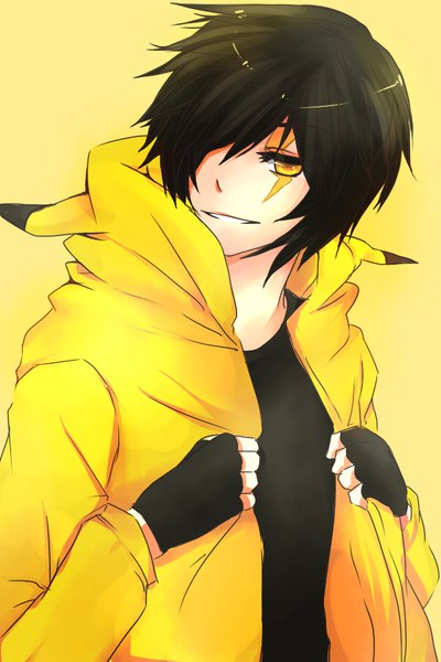 Anime picture 600x900 with pokemon nintendo pikachu red (pokemon) single tall image looking at viewer fringe short hair black hair simple background smile yellow eyes parted lips hair over one eye teeth facial mark cosplay yellow background animal hood