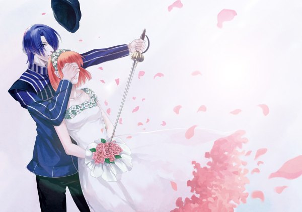 Anime picture 1200x842 with uta no prince-sama a-1 pictures hijirikawa masato nanami haruka (uta no prince-sama) imouto (artist) looking at viewer short hair blue eyes simple background standing holding blue hair eyes closed profile hair flower wind from behind orange hair couple hug