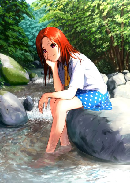 Anime picture 814x1150 with original shin (world 3000) single long hair tall image looking at viewer smile red eyes sitting full body bent knee (knees) outdoors head tilt short sleeves leaning leaning forward polka dot chin rest river soaking feet