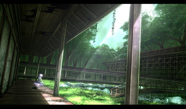 Anime picture 1169x691 with original haru (ryosios) ryosios single long hair wide image sitting ahoge white hair sunlight letterboxed scenic girl dress weapon plant (plants) tree (trees) white dress building (buildings) grass