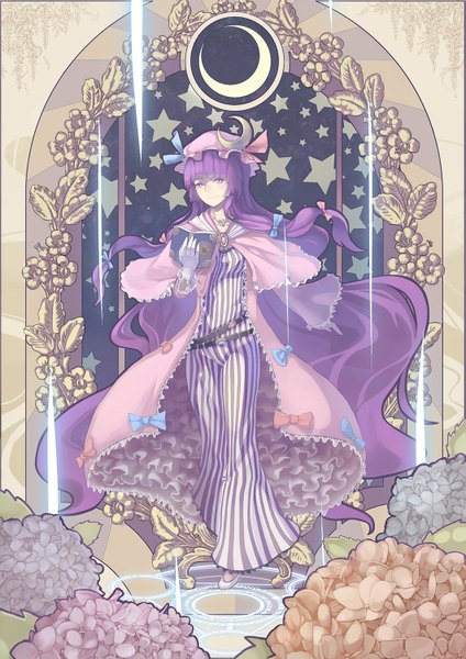 Anime picture 1061x1500 with touhou patchouli knowledge madyy single long hair tall image blush smile purple eyes purple hair striped crescent girl dress gloves flower (flowers) bow star (symbol) book (books) bonnet