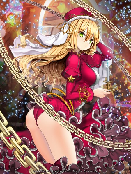 Anime picture 1800x2400 with kaizin rumble original primcoco (jooarose) single long hair tall image looking at viewer highres light erotic blonde hair green eyes ass hand on head girl hat frills star (symbol) chain candle (candles)