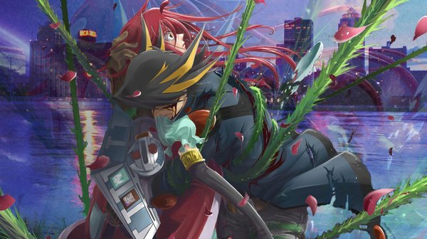 Anime picture 1024x574 with yu-gi-oh! yuu-gi-ou 5d's izayoi aki fudou yusei long hair black hair wide image red hair multicolored hair wind streaked hair hug tears city gloves petals water elbow gloves blood card (cards)