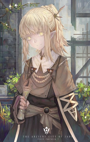 Anime picture 686x1080 with original pixiv fantasia pixiv fantasia t zxq single long hair tall image fringe blonde hair smile holding ponytail braid (braids) pointy ears girl leaf (leaves) cape branch scroll