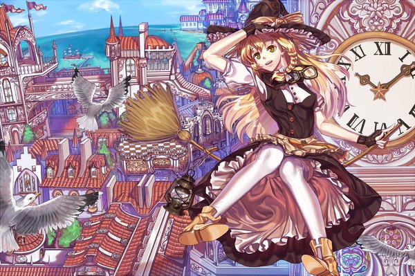 Anime picture 2666x1775 with touhou kirisame marisa xiaoai long hair highres open mouth blonde hair yellow eyes witch girl thighhighs dress gloves animal white thighhighs fingerless gloves bird (birds) witch hat clock broom