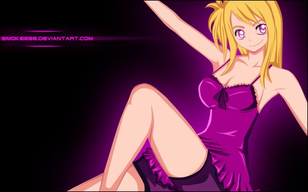 Anime picture 1024x640 with fairy tail lucy heartfilia smokeeee single long hair blonde hair smile wide image purple eyes bare shoulders armpit (armpits) one side up coloring black background girl dress