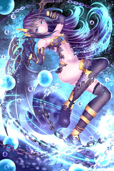 Anime picture 1200x1804 with original yusuke (shiota) single long hair tall image blue eyes light erotic bare shoulders blue hair purple hair full body multicolored hair two-tone hair no panties glowing demon wings single wing girl thighhighs gloves