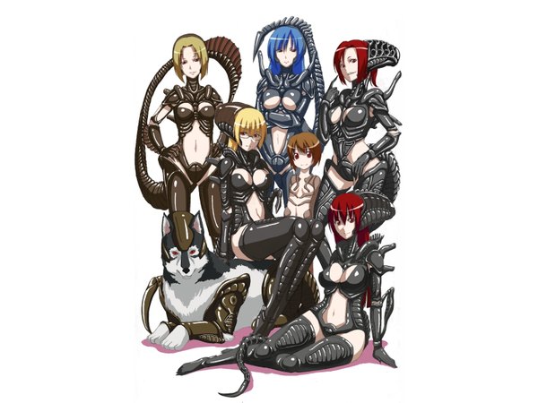Anime picture 1600x1200 with aliens breasts light erotic blonde hair red eyes brown hair large breasts white background multiple girls blue hair red hair flat chest group 6+ girls 6 girls hands on hips girl navel animal glasses